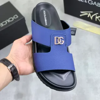 Dolce & Gabbana Portofino Blue Pebbled Leather DG Logo Slippers