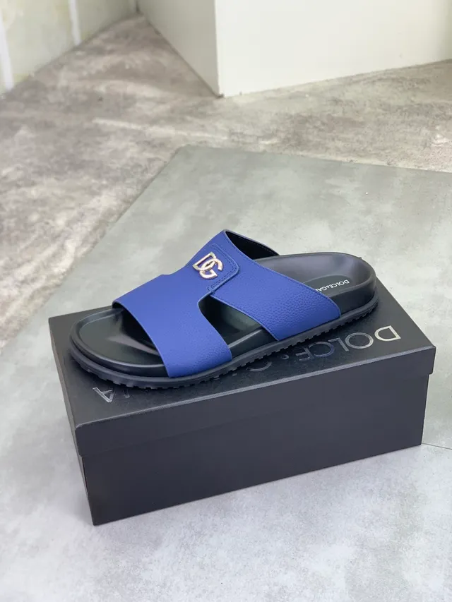 Dolce & Gabbana Portofino Bleu cuir grainé DG Logo chaussons 4