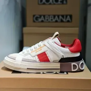 Dolce & Gabbana Portofino أبيض أحمر قاعدة وسطية متعددة الطبقات تفاصيل الشريط الجانبي حذاء أسلوب حياة