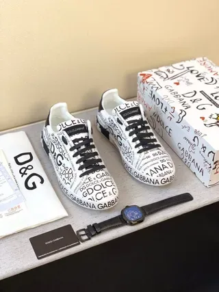 Dolce & Gabbana أبيض أسود طباعة الشعار الكلية شكل منخفض نمط الحياة حذاء رياضي 5
