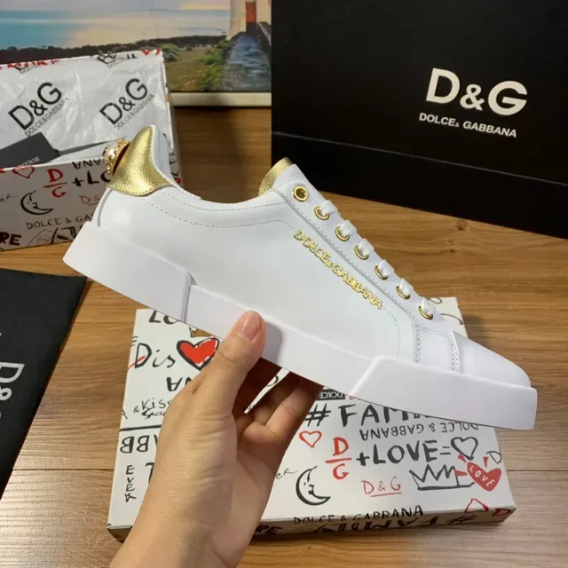 Dolce & Gabbana Branco Dourado Couro Superior Hardware Tênis Lifestyle 4