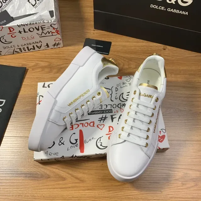 Dolce & Gabbana Branco Dourado Couro Superior Hardware Tênis Lifestyle 6