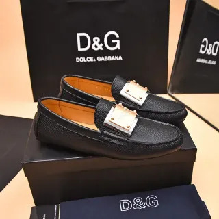 Dolce & Gabbana Black Gold Pebbled Leather Metal Plaque Loafer