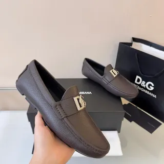Dolce & Gabbana Brown Silver Pebbled Leather Metal DG Buckle Loafer