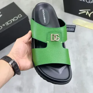 Dolce & Gabbana Green Leather DG Logo Slide Slippers