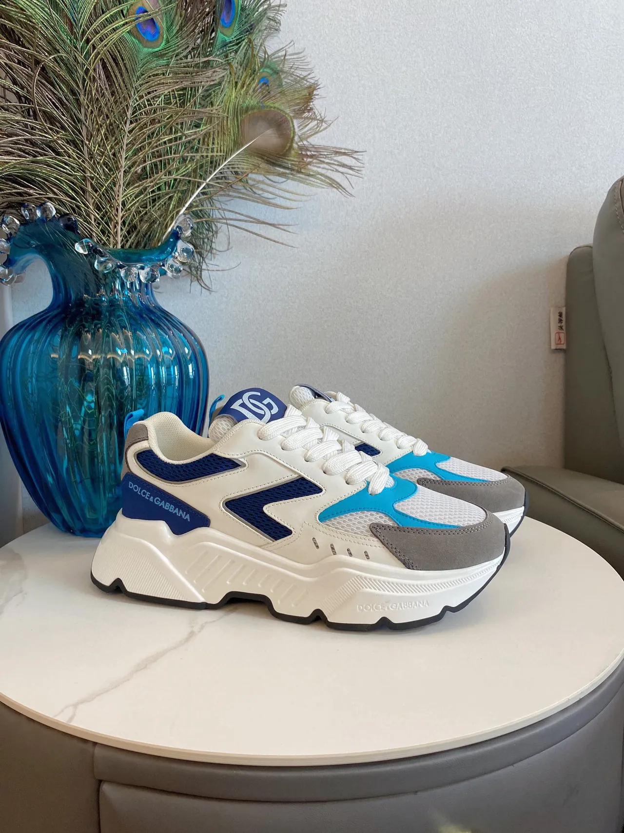 Dolce & Gabbana NS1 White Blue Platform Sole Mesh And Synthetic Paneling Chunky Sneakers 3
