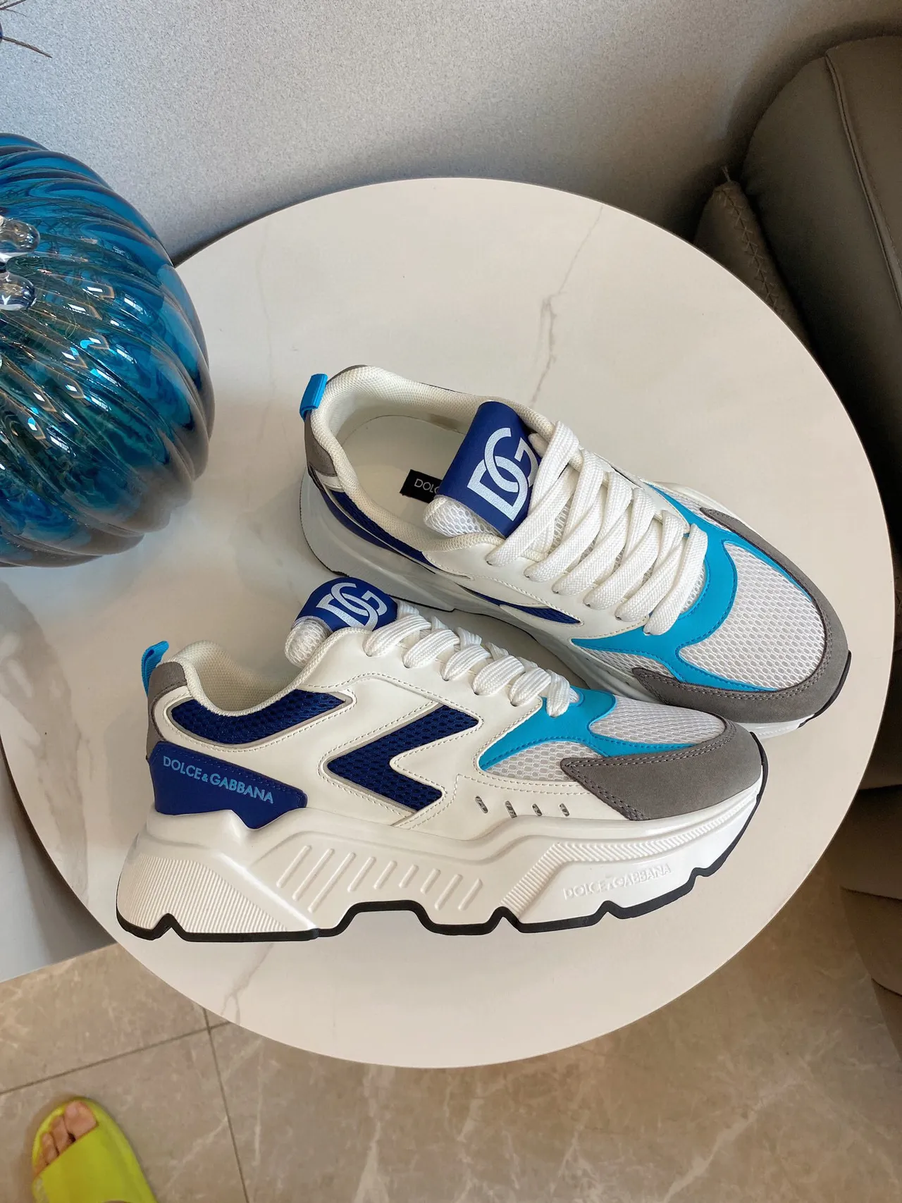 Dolce & Gabbana NS1 White Blue Platform Sole Mesh And Synthetic Paneling Chunky Sneakers 4