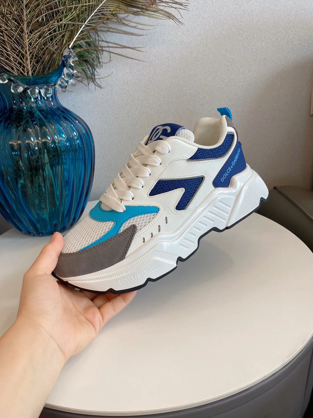Dolce & Gabbana NS1 White Blue Platform Sole Mesh And Synthetic Paneling Chunky Sneakers 6