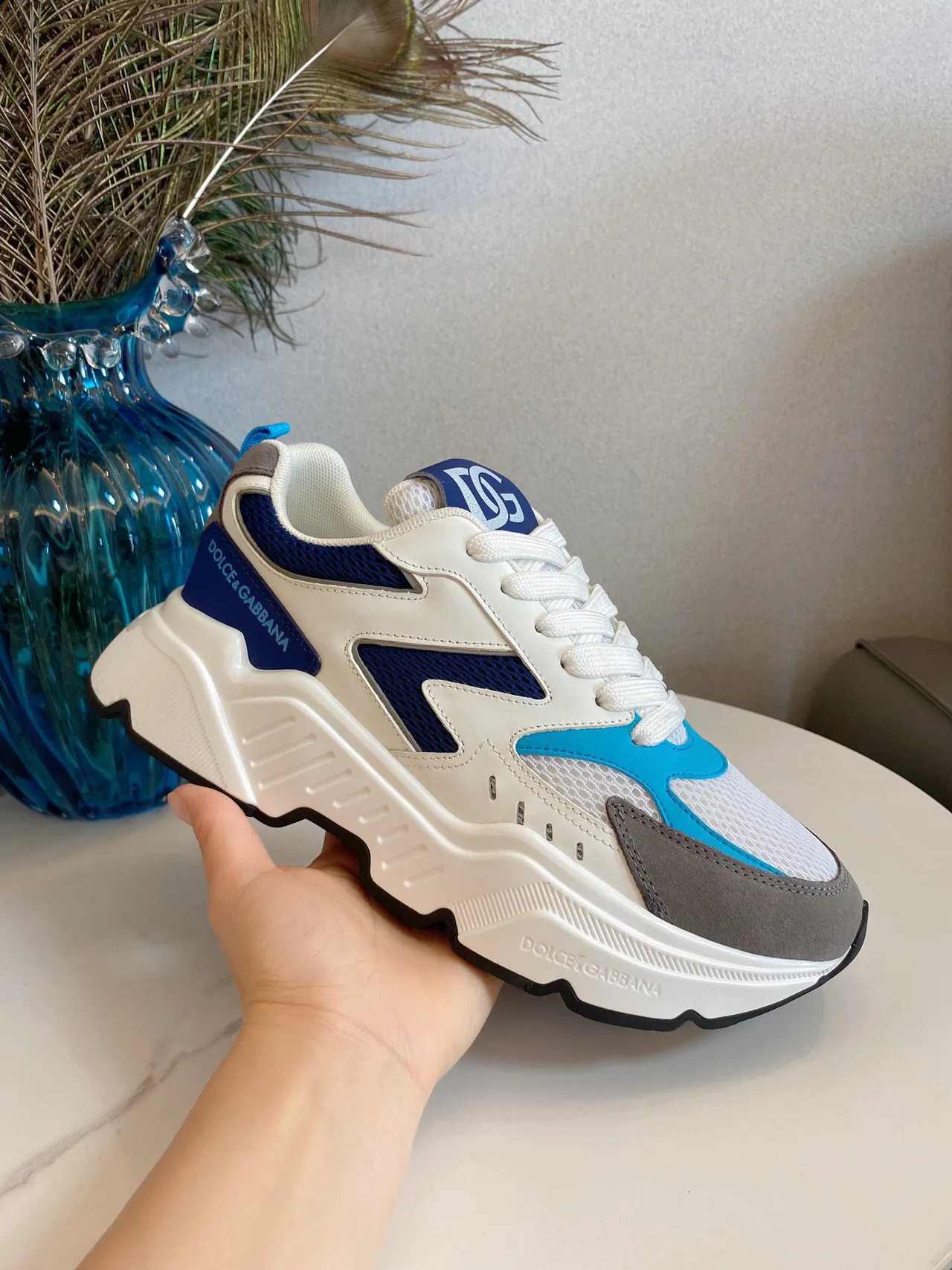Dolce & Gabbana NS1 White Blue Platform Sole Mesh And Synthetic Paneling Chunky Sneakers 7