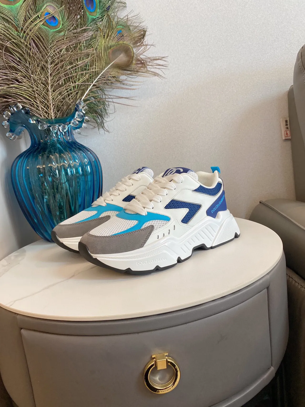 Dolce & Gabbana NS1 White Blue Platform Sole Mesh And Synthetic Paneling Chunky Sneakers 8