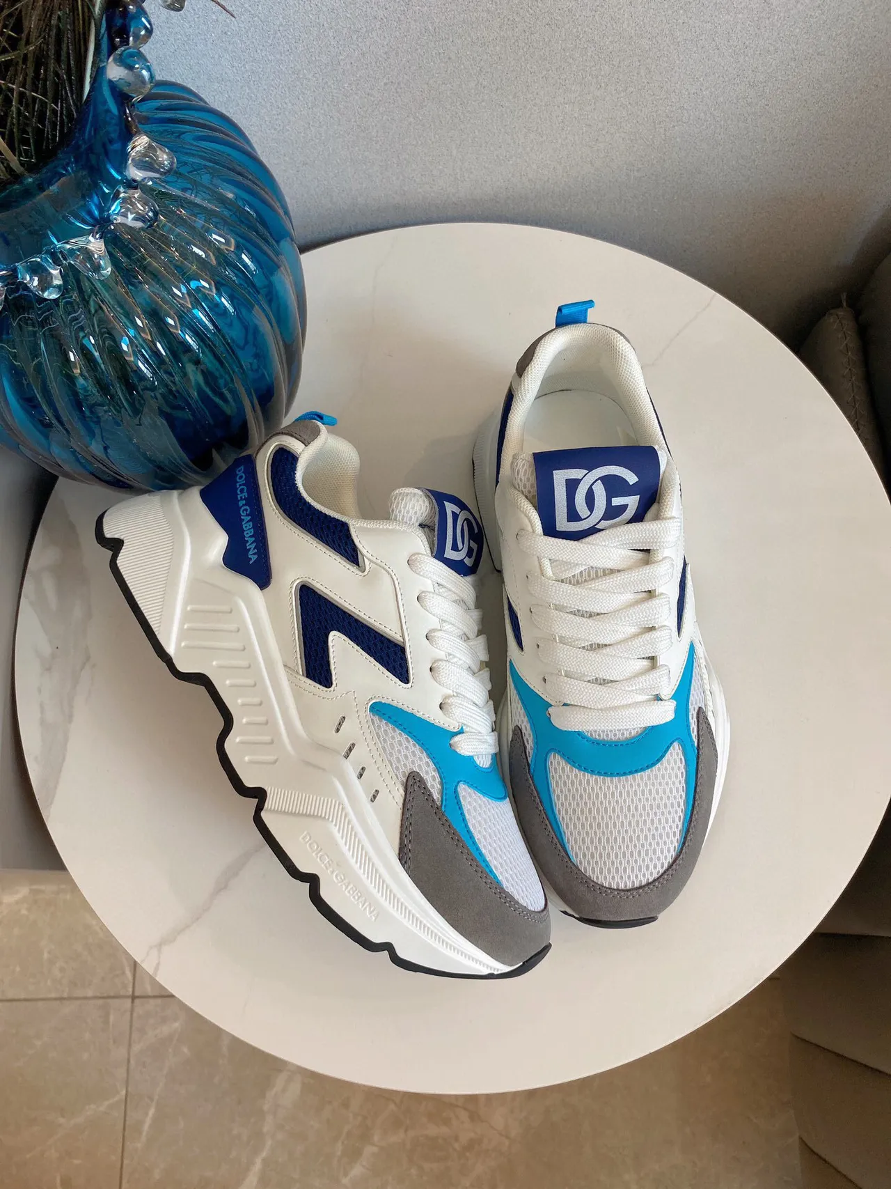 Dolce & Gabbana NS1 White Blue Platform Sole Mesh And Synthetic Paneling Chunky Sneakers 9