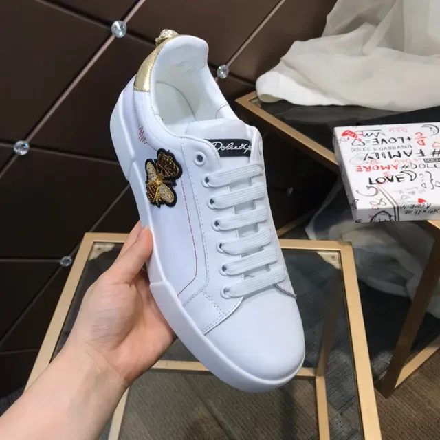Dolce & Gabbana Portofino Sneakers Lifestyle Blanc Doré en Cuir Supérieur avec Étiquette de Talon 2