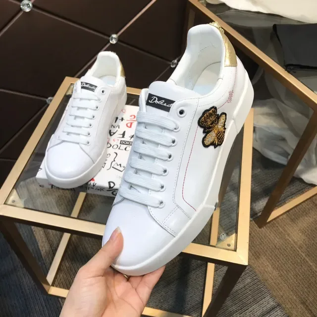 Dolce & Gabbana Portofino Sneakers Lifestyle Blanc Doré en Cuir Supérieur avec Étiquette de Talon 3
