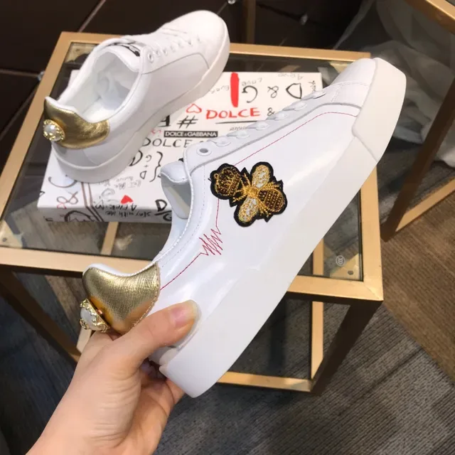Dolce & Gabbana Portofino Sneakers Lifestyle Blanc Doré en Cuir Supérieur avec Étiquette de Talon 4