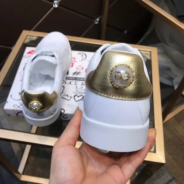 Dolce & Gabbana Portofino Sneakers Lifestyle Blanc Doré en Cuir Supérieur avec Étiquette de Talon 6