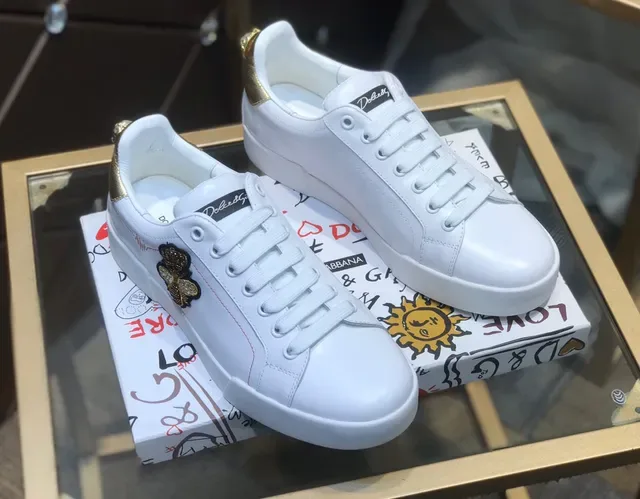 Dolce & Gabbana Portofino Sneakers Lifestyle Blanc Doré en Cuir Supérieur avec Étiquette de Talon 7