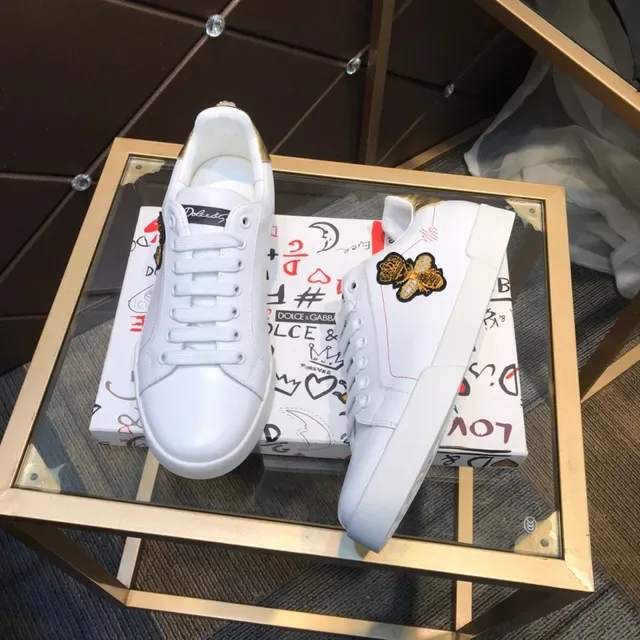 Dolce & Gabbana Portofino Sneakers Lifestyle Blanc Doré en Cuir Supérieur avec Étiquette de Talon 8