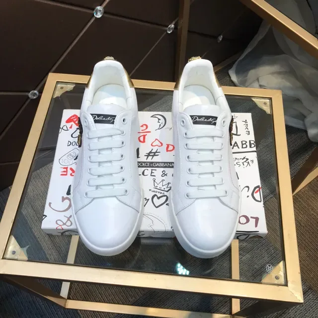 Dolce & Gabbana Portofino Sneakers Lifestyle Blanc Doré en Cuir Supérieur avec Étiquette de Talon 9
