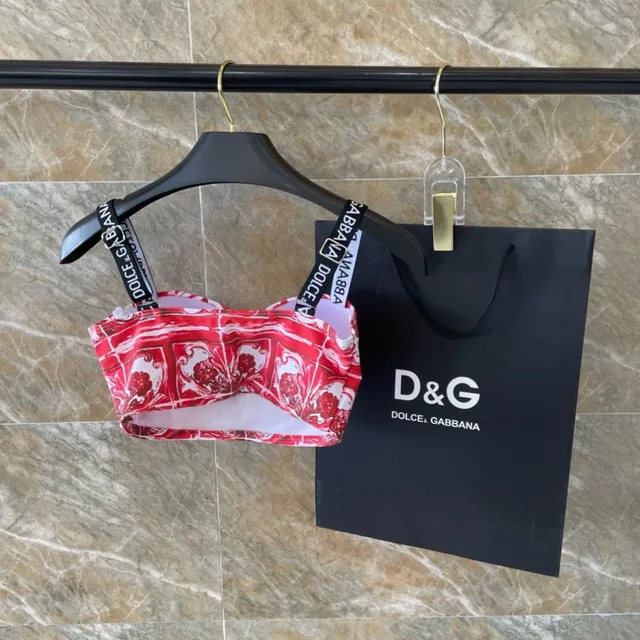 Dolce & Gabbana Red White Baroque-Print Strapless Bandeau Top Swimwear 5