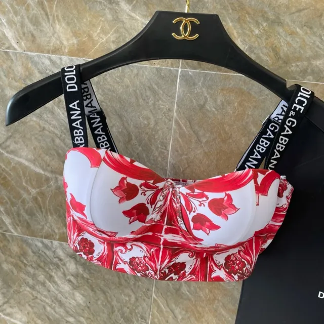 Dolce & Gabbana Red White Baroque-Print Strapless Bandeau Top Swimwear 7