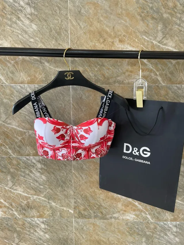 Dolce & Gabbana Red White Baroque-Print Strapless Bandeau Top Swimwear 8