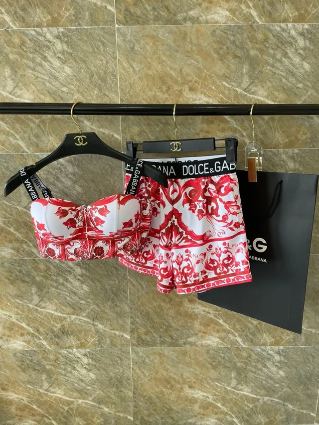 Dolce & Gabbana Red White Baroque-Print Strapless Bandeau Top Swimwear 10