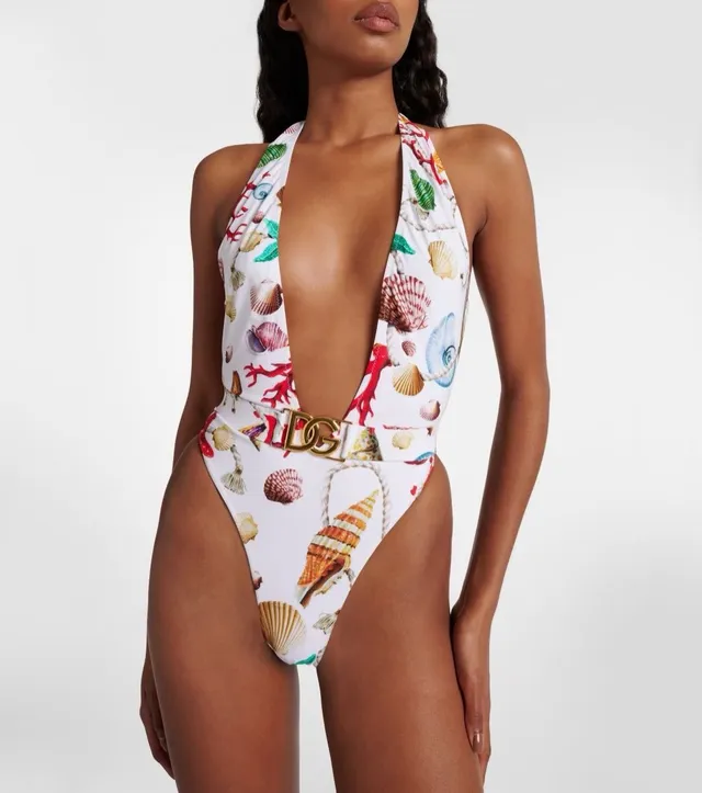 Dolce & Gabbana White Multicolor Halter Neck Deep V-Cut Swimwear 9