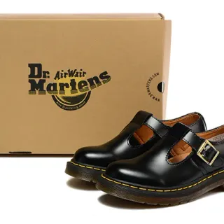 Dr. Martens Negro Marrón Cuero patent brillante Correa T-Bar Zapatos Mary Jane