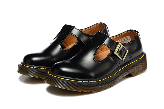 Dr. Martens Noir Brun Cuir patent brillant Bride T-Bar Chaussures Mary Jane 4
