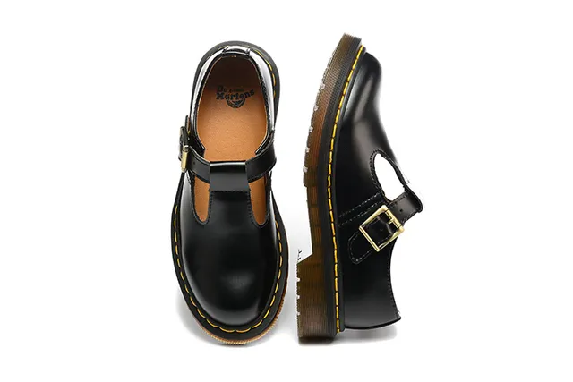 Dr. Martens Noir Brun Cuir patent brillant Bride T-Bar Chaussures Mary Jane 7