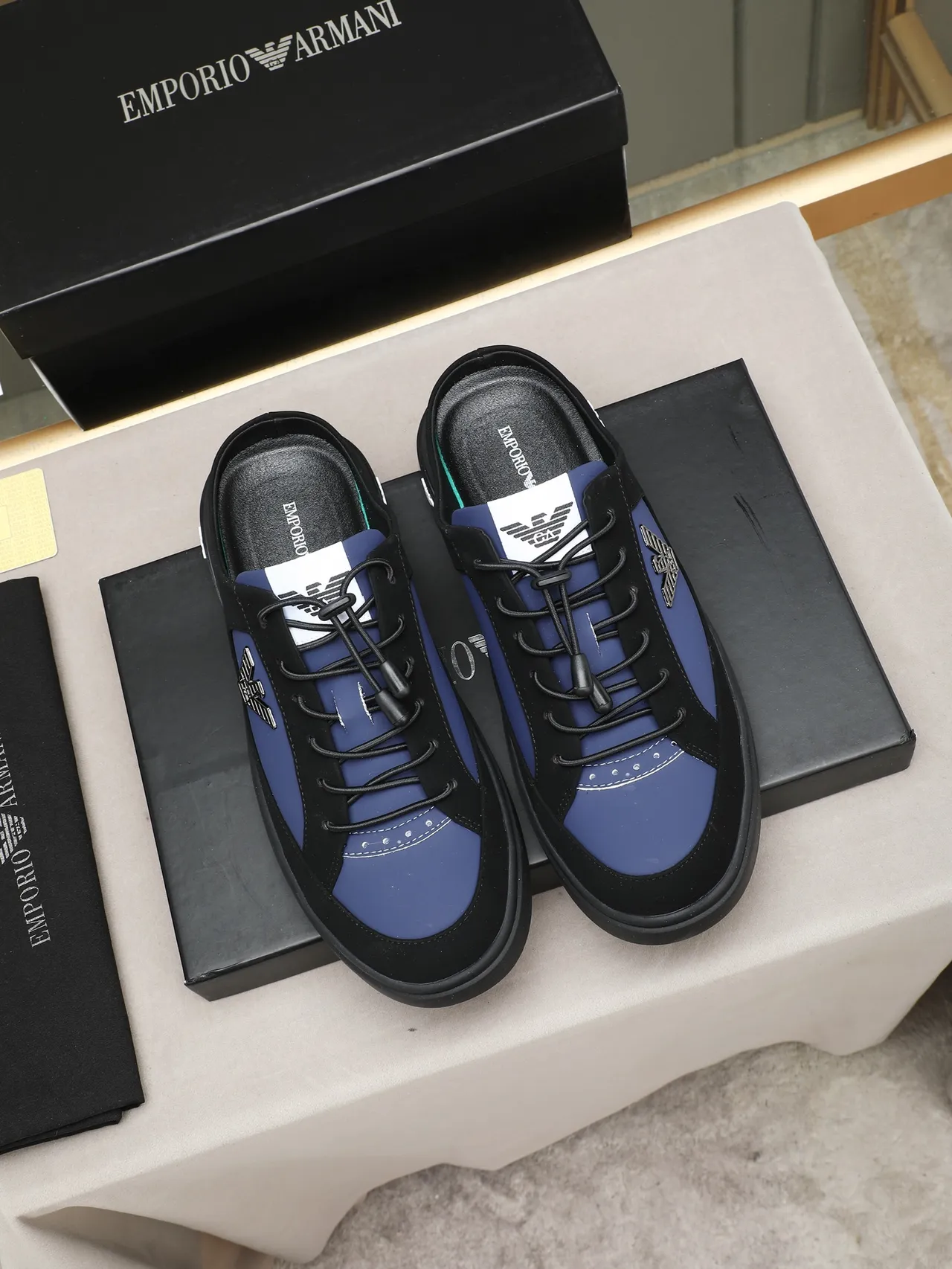 Emporio Armani Black and Blue Eagle Logo Open-Back Lifestyle Sneaker 2