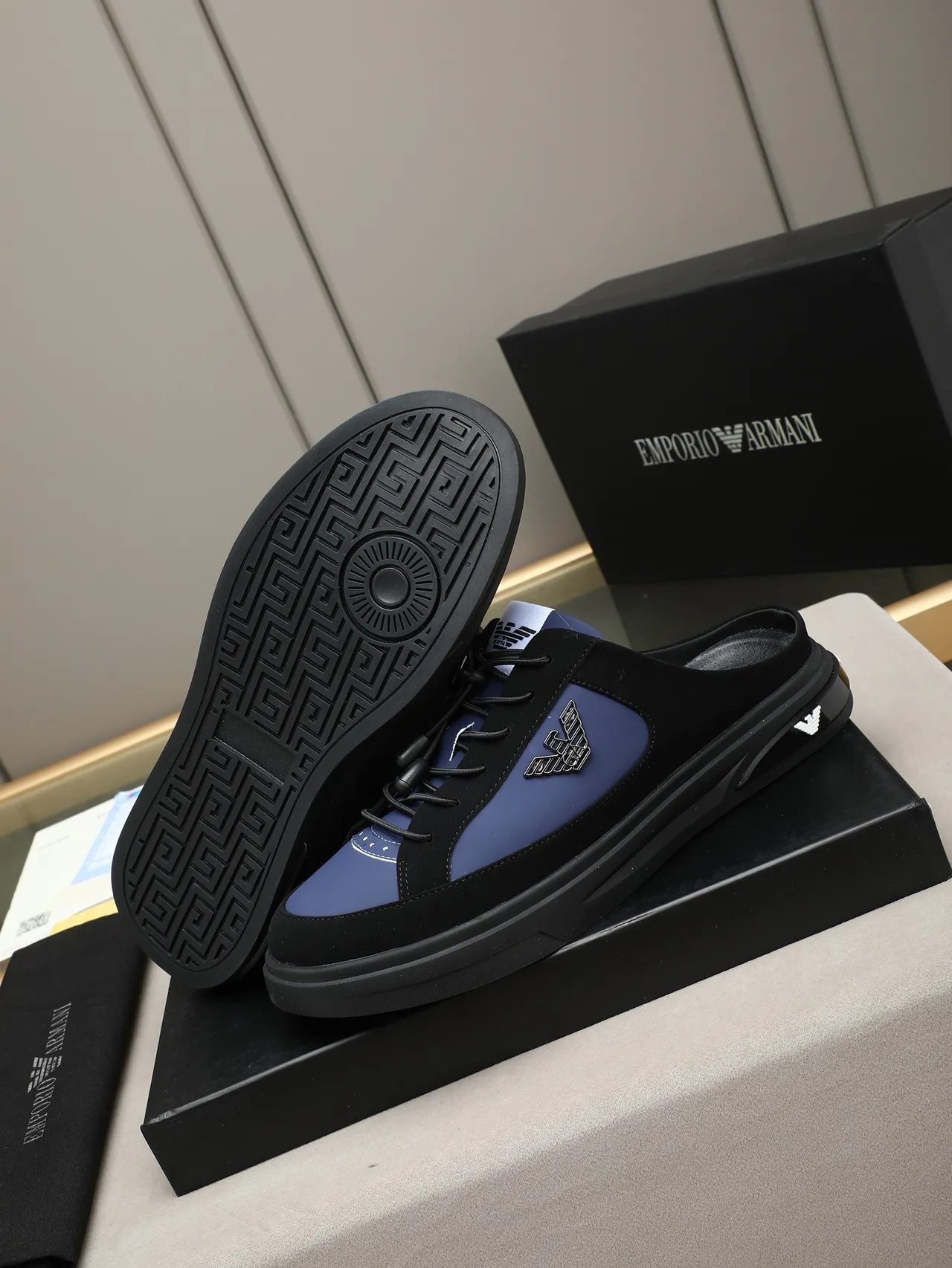 Emporio Armani Black and Blue Eagle Logo Open-Back Lifestyle Sneaker 4