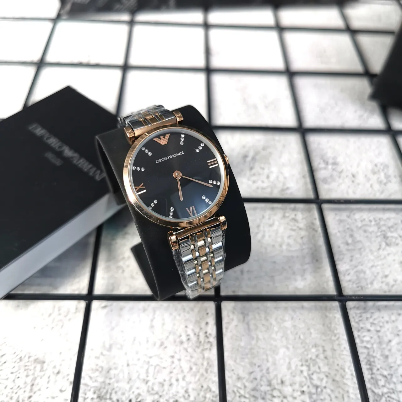 Emporio Armani Black Gold Two-Tone Metal Bracelet Crystal Hour Markers Quartz Watch 2
