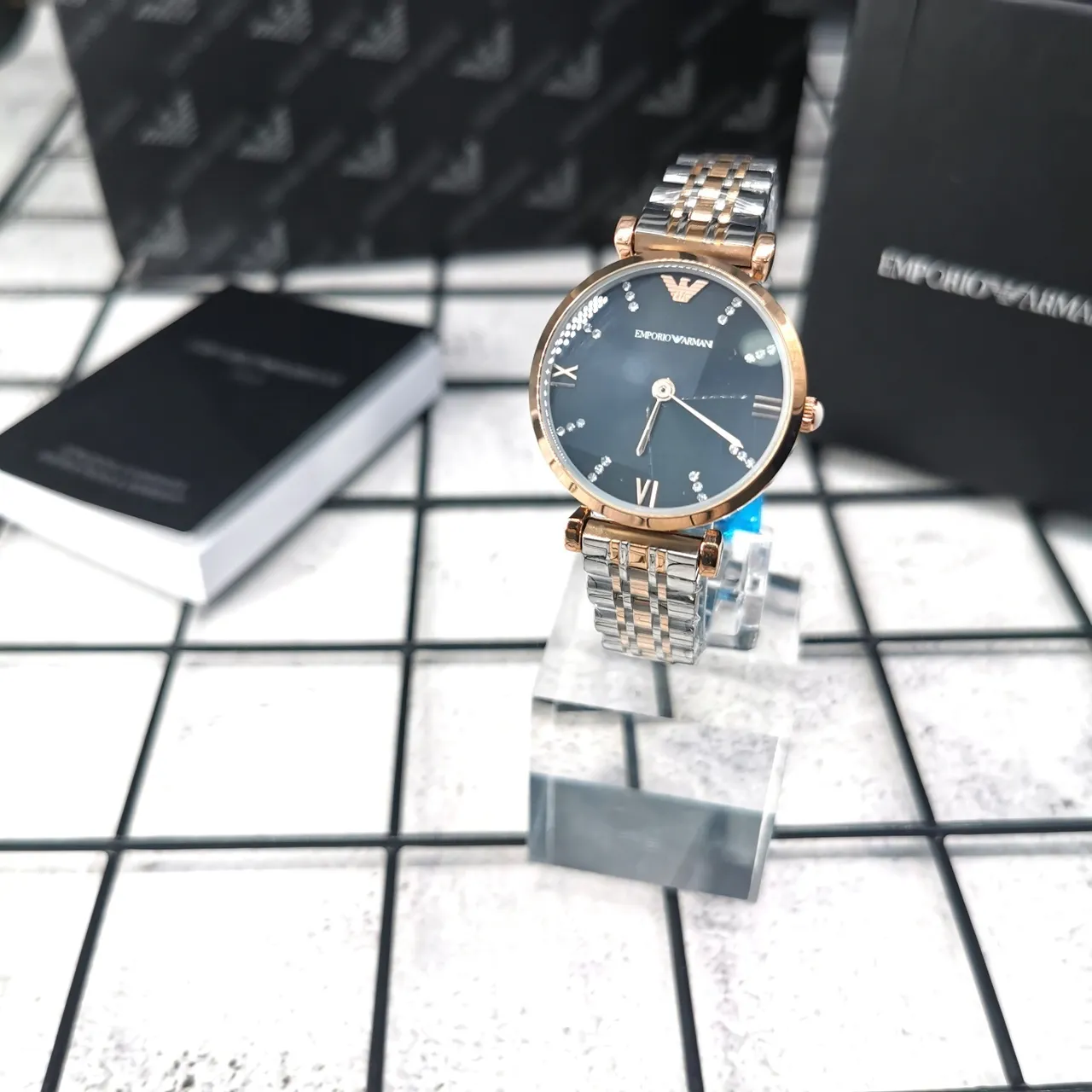 Emporio Armani Black Gold Two-Tone Metal Bracelet Crystal Hour Markers Quartz Watch 3