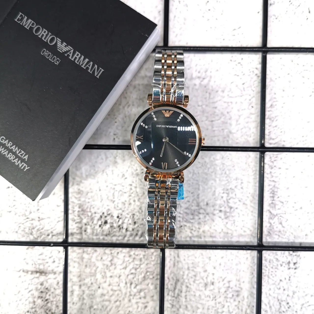 Emporio Armani Black Gold Two-Tone Metal Bracelet Crystal Hour Markers Quartz Watch 4