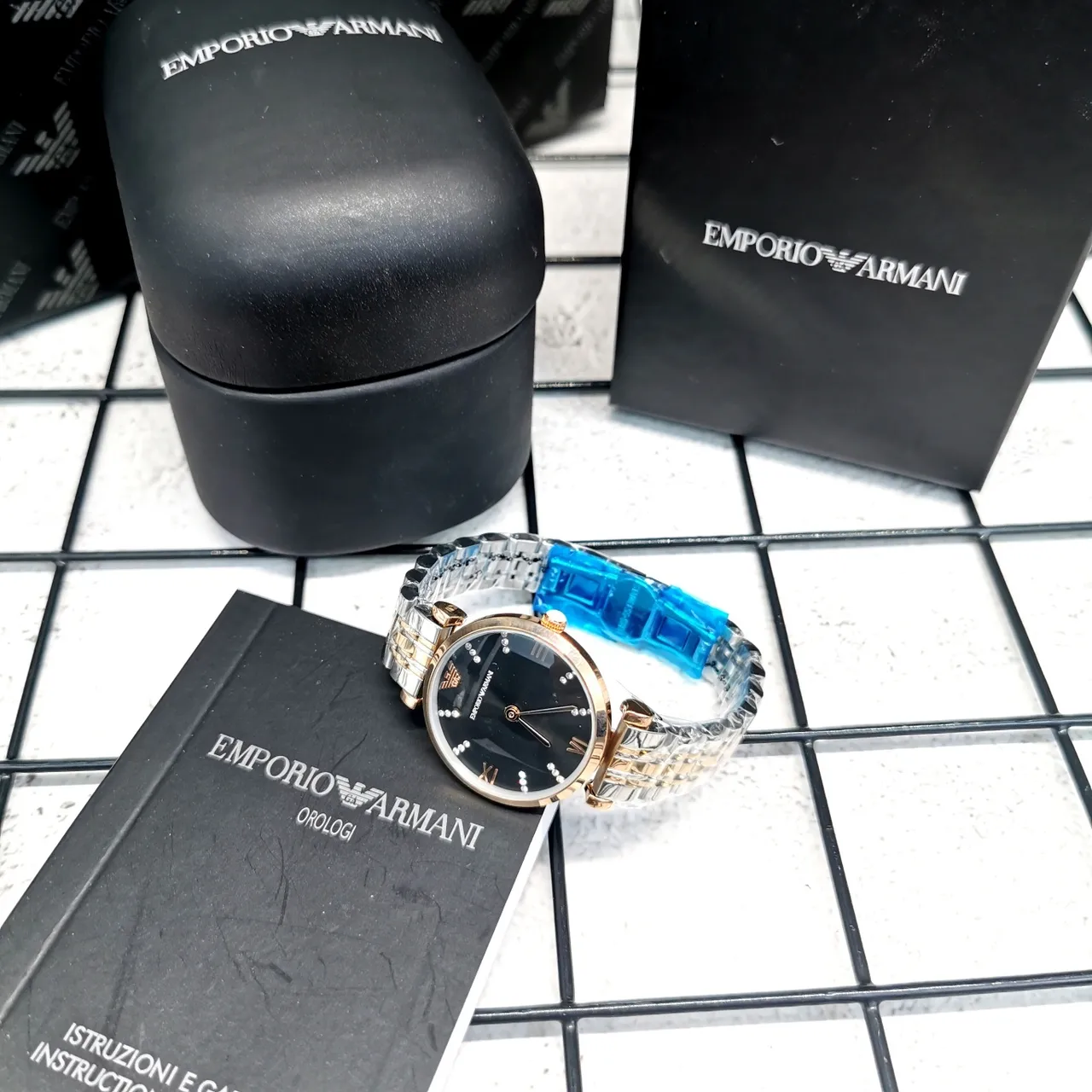 Emporio Armani Black Gold Two-Tone Metal Bracelet Crystal Hour Markers Quartz Watch 5
