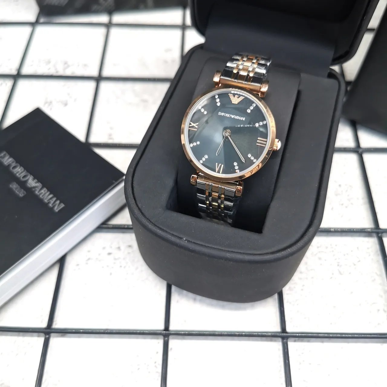 Emporio Armani Black Gold Two-Tone Metal Bracelet Crystal Hour Markers Quartz Watch 6