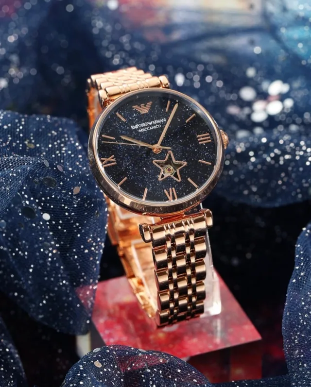 Emporio Armani Mécanique Cadran Bleu Étoilé Montre à Quartz Or Rose 4
