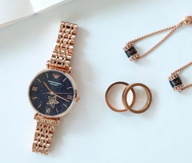 Emporio Armani Mécanique Cadran Bleu Étoilé Montre à Quartz Or Rose 6
