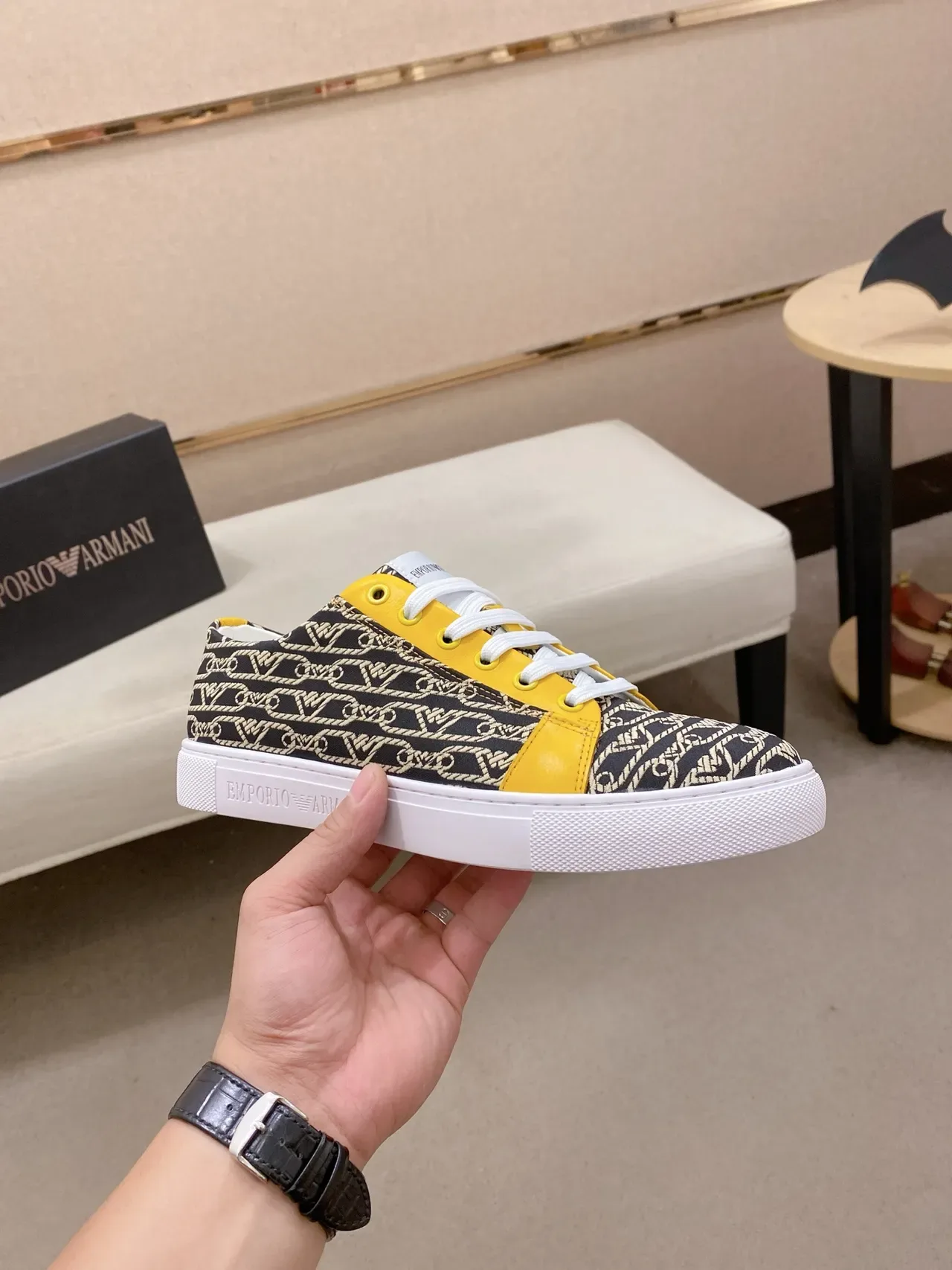 Emporio Armani Monogram Print and Yellow Panel Lifestyle Sneakers 4