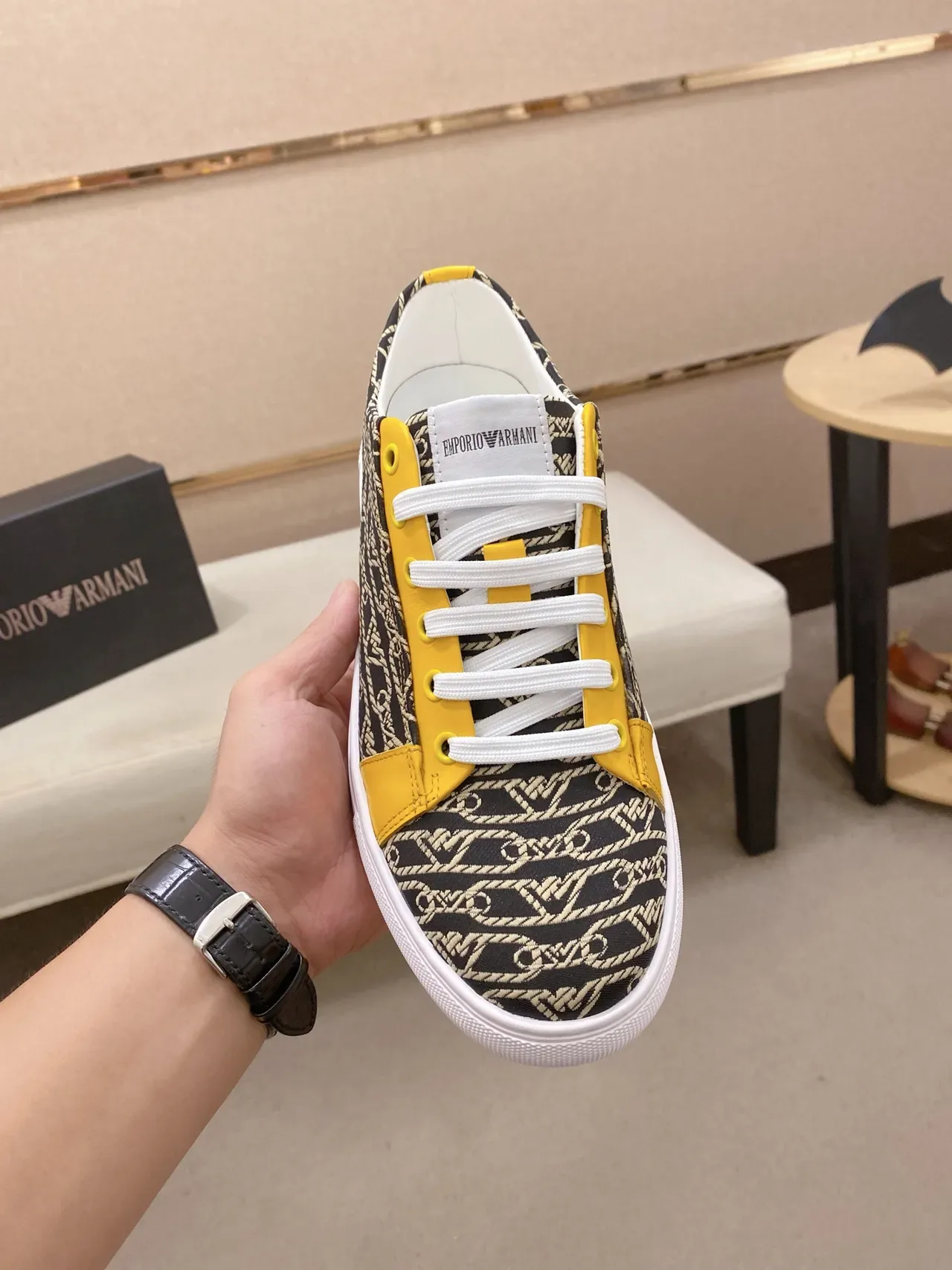 Emporio Armani Monogram Print and Yellow Panel Lifestyle Sneakers 5