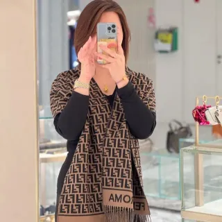 Fendi Amore FF Monogram Beige and Black Cashmere Scarf