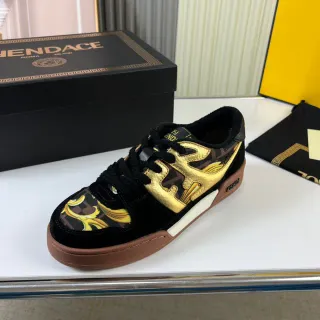 Fendi Black Gold Baroque-Print Textile Metallic Flame Motif Lifestyle Sneakers