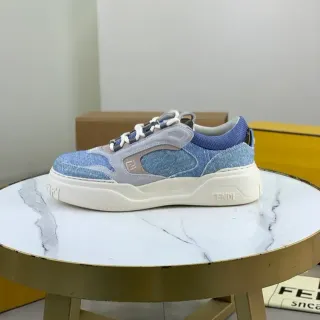 Fendi Blue Gray Denim-Suede Patchwork Chunky Platform Sole Lifestyle Sneakers