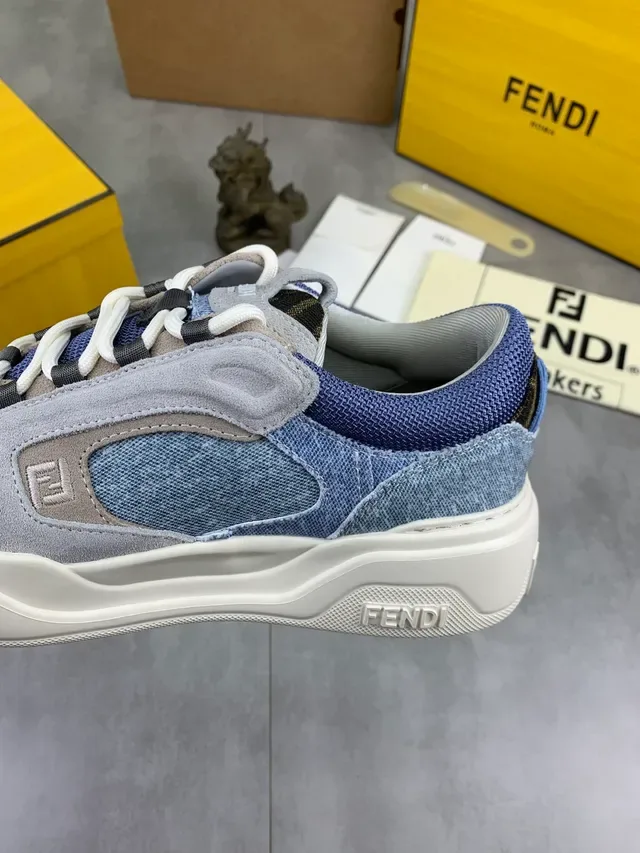 Fendi Tênis Azul Cinza Denim-Suede Patchwork Sola De Plataforma Grossa Estilo Lifestyle 4