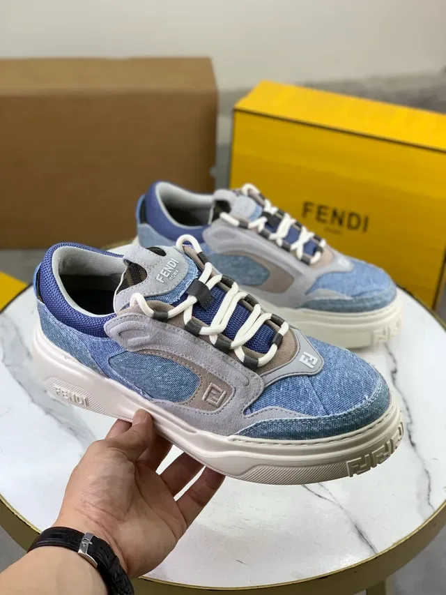 Fendi Tênis Azul Cinza Denim-Suede Patchwork Sola De Plataforma Grossa Estilo Lifestyle 5