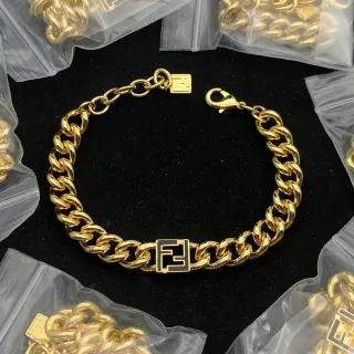 Fendi FF Chain Gold Black Curb-Link Logo Plaque Bracelet