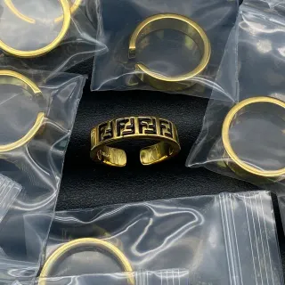 Fendi FF Logo Black Enamel Gold-Tone Open Ring