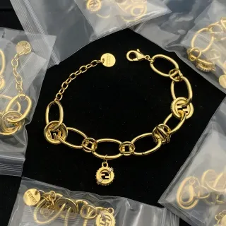 Fendi FF Logo Interlocking Oval Link Gold Tone Bracelet