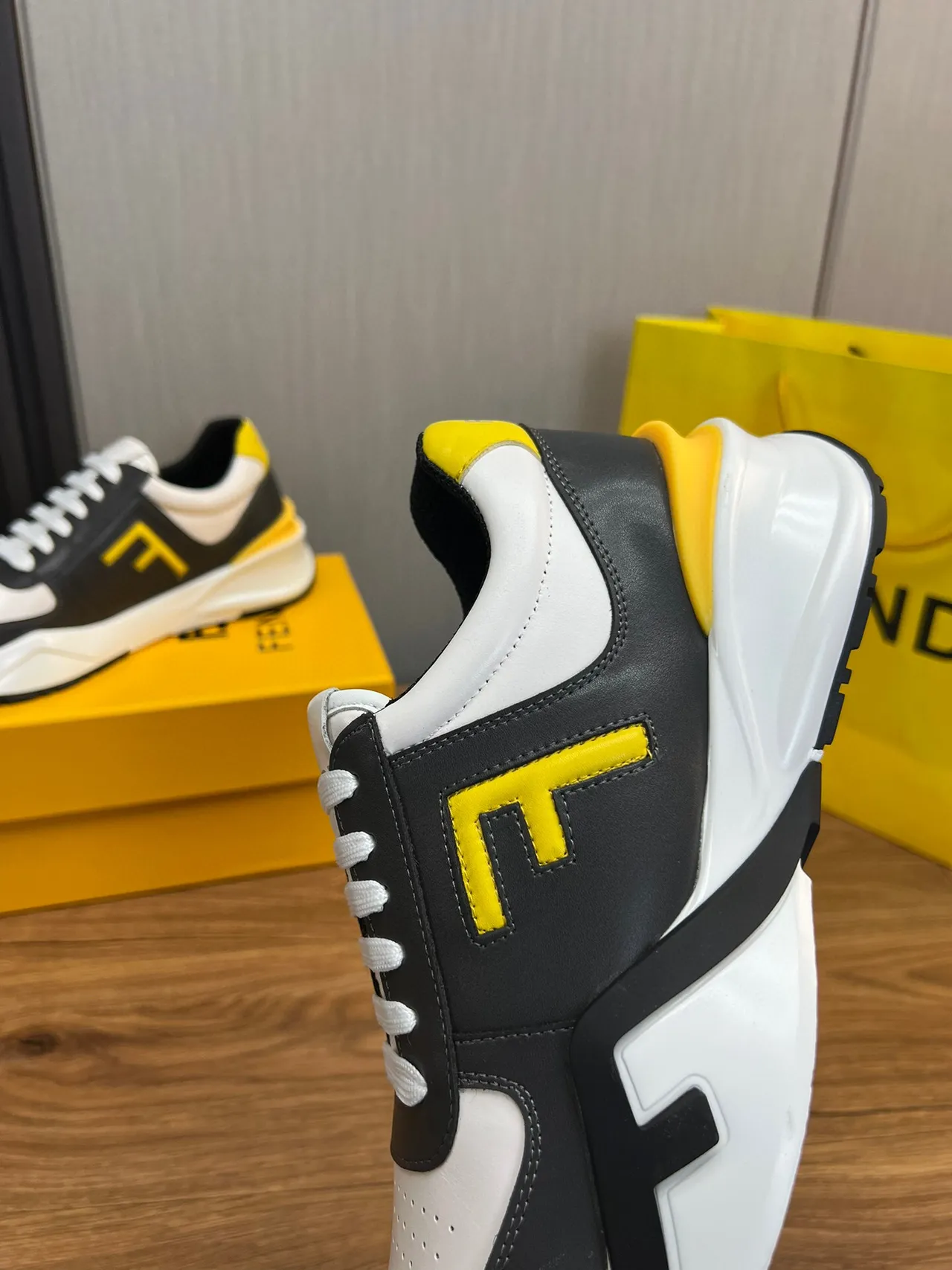 Fendi FF Logo White Black Yellow Chunky Sneakers 9